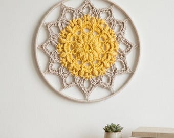 Crochet Mandala Wall Hanging: Mustard, Light Coffee Boho Fiber Art