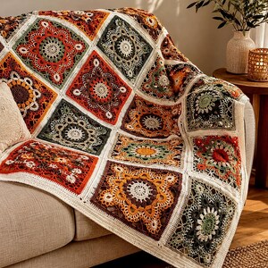 May include: A crochet blanket featuring a repeating pattern of square motifs in shades of burnt orange, olive green, dark brown, and cream. Each square contains a central circular design with intricate openwork stitching and a cream border.