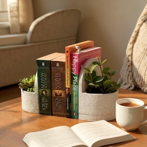 May include: A decorative bookend with built-in planters holds books titled "Storm of Swords", "Clash of Kings", and "Happy Place". A cup of tea and an open book sit on a wooden table, creating a cozy reading nook.