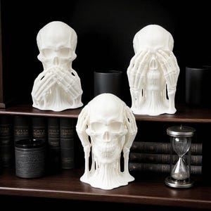 Gothic Skeleton Figurines: | Macabre Skulls of Wisdom Halloween Centerpiece | See No Evil Hear No Evil Speak No Evil