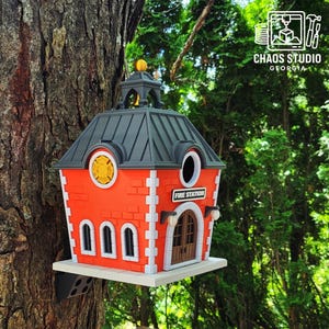 Fire Station Birdhouse | Decorative Outdoor Bird House | Whimsical Garden Accent