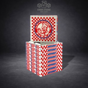 May include: Stack of pizza boxes with red and white checkered pattern and the text "ANTONIO'S" in blue. The top box features a red circle with a chef illustration and the text "ANTONIO'S PIZZA". The boxes are stacked on top of each other.