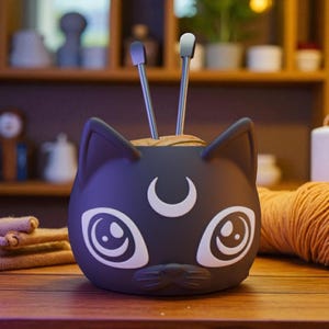 May include: A black cat-shaped yarn bowl with white accents, including a crescent moon and eye designs. Two silver knitting needles are inserted into the yarn. A ball of tan yarn sits nearby, suggesting a knitting or crochet theme.