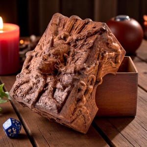 May include: A brown, intricately carved wooden box with a lid featuring a detailed relief sculpture. The box is open, revealing its interior. A blue, multi-sided die rests nearby, suggesting a game or collectible theme.