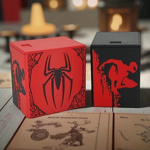 May include: Two cube-shaped boxes with Spider-Man designs. One box is red with a black spider and web design. The other is black with a red Spider-Man silhouette. The boxes are on a wooden surface.