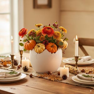 May include: A festive centerpiece featuring a white cracked eggshell vase filled with orange and yellow flowers and miniature pumpkins. Lit candles, plates, and fall foliage decorate the wooden table, creating a warm autumn ambiance.
