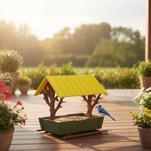 May include: A green bird feeder with a yellow roof and tree-like supports. The feeder is filled with birdseed and a blue jay is perched on the edge. The feeder is on a wooden deck with potted plants in the background.