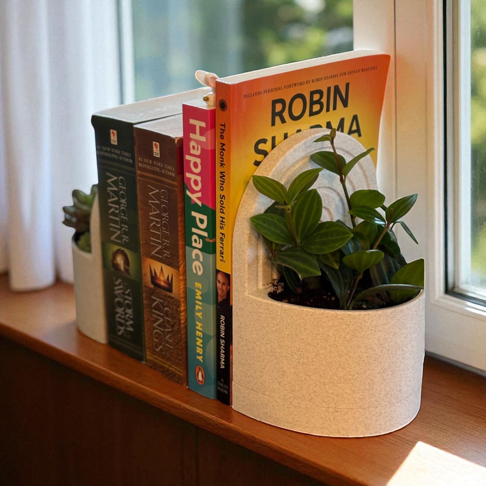 Bookend Planter with Hidden Water Tray -3D Printed Bookend -Modern Bookshelf Plant Holder, Succulent Pot, Desk Organizer, Gift for Readers - Ivory White, Large