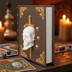 May include: A brown book with a white skull and sword design on the cover. The cover has gold accents and is slightly open, revealing white pages. The book is on a wooden surface with candles and game pieces in the background.