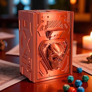 May include: A copper-colored, rectangular dice box with a skull design on the front. The box has a detailed, geometric pattern and a hinged lid. Several colorful dice are scattered around the box.