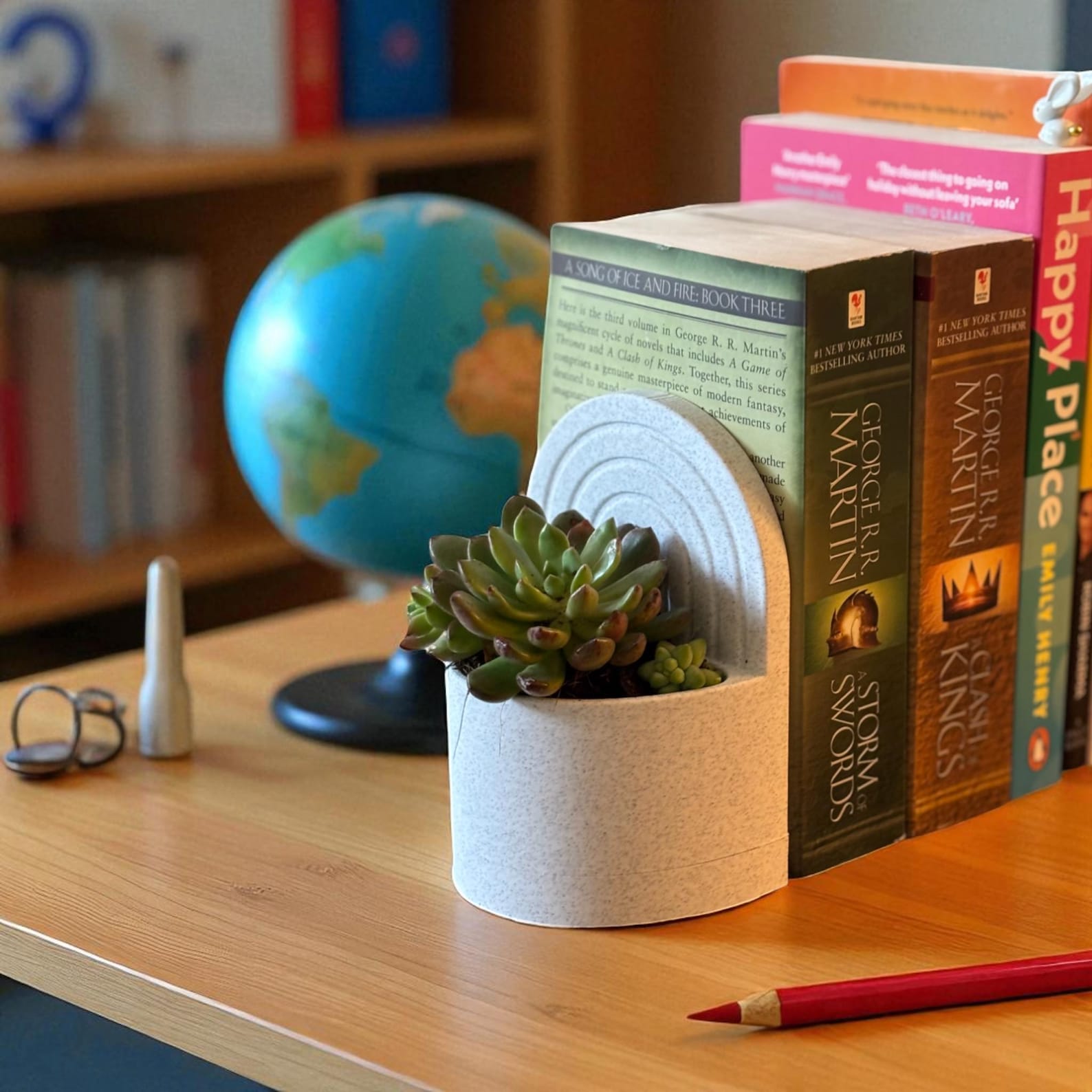 Bookend Planter with Hidden Water Tray -3D Printed Bookend -Modern Bookshelf Plant Holder, Succulent Pot, Desk Organizer, Gift for Readers - Ivory White, Small