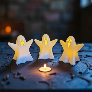 Spooky Ghost LED Tealight Holder Set: Cute Halloween Candle Centerpiece Decor