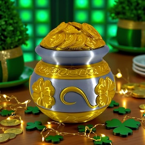 May include: A decorative pot of gold, a symbol of St. Patrick's Day. The pot is gray and gold, filled with golden coins. The pot is decorated with gold floral designs. Green shamrock decorations and string lights surround the pot.