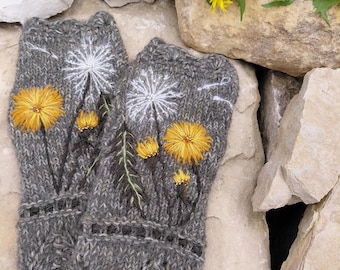 Hand knitted arm warmers with embroidery dandelion,knitted accessories with midsummer floral beauty,lovely gift for her,fingerless gloves.