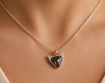 Geometrische Katze Anhänger Halskette | Salz & Pfeffer Diamant, ausgefallener moderner Schmuck