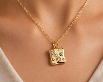 Constellation Plaque Necklace |  Rectangular Bezel-Set Diamond | Artisan Pendant | Minimalist Necklace | Fine Jewelry | Layered Necklace |