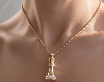 Gold King Chess Piece Pendant Necklace | Diamond Pavé Rope Chain