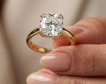 Kissenschliff Versteckter Halo Verlobungsring | 14k Gold Solitaire Diamant Brautschmuck