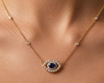 18K Gold Evil Eye Necklace | Blue Sapphire Diamond Halo Pendant