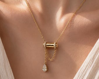 Architectural Bar & Pear Drop | Modern Pave Diamond Statement | Statement Necklace | Unique Jewellery | Fine Jewellery | Modern Necklace |