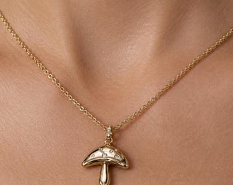 Skurrile Pilz-Anhänger-Halskette | Natur-inspirierter Diamant akzentuierter botanischer Schmuck