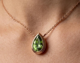 Pear Cut Green Gemstone Solitaire Pendant Necklace | Minimalist Gold Everyday Jewelry