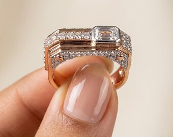 Emerald-Cut Architectural Band | Two-Tone Rose Gold & Platinum | Diamond Statement Ring | Statement Ring | Unique Ring | Fine Jewelry |