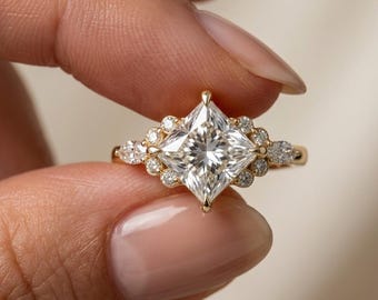 Vintage- Inspirierter Princess-Cut Diamant Halo Ring | 14k Gold Marquise Statement Verlobungserbstück