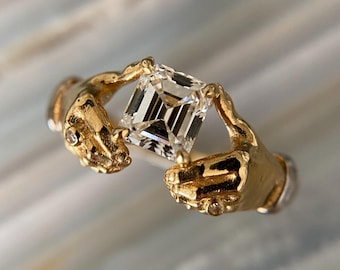 Asscher Cut Diamond Panther Claw Ring | Sculptural Animal Wrap Gold Statement Jewelry