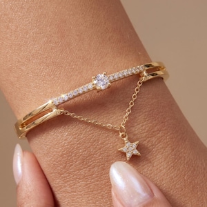 Celestial Star Bangle | Diamond Dangle Cuff | Modern Gold Star Bracelet | Gold bracelet | Modern jewellery | Dangle Bracelet |