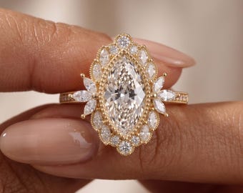Vintage Marquise Halo Ring | Floral Diamond Engagement Ring | Milgrain Gold Statement Ring | Unique Bridal Jewelry Gift |