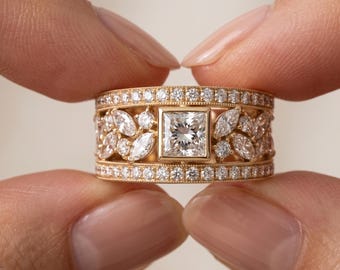Princess Cut Diamant Blumen Bandring | Vintage Öffnen Sie Gold Statement Ring
