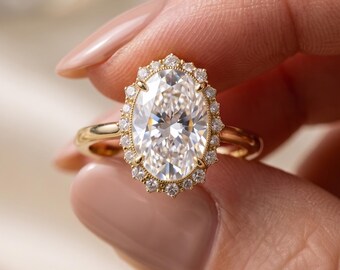 Scalloped Halo Oval Verlobungsring | Vintage Milgrain Diamant 14k Gold Statement Ring