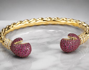 Ruby Diamond Boxing Glove Cuff Bracelet | Solid Gold Twisted Rope Bangle