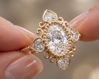 Oval Heart Halo Engagement Ring | Vintage Diamond Scrollwork Statement Ring