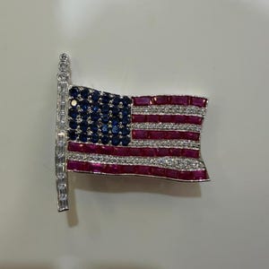 American Flag Brooch Pin | Ruby Sapphire Diamond Style Patriotic Jewelry