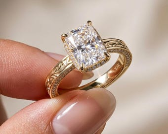 Strahlend Geschliffener Filigraner Verlobungsring | Vintage gravierte 14k Gold Diamant Band