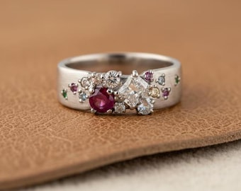 Ruby Diamond Cluster Ring | Wide Gold Band | Modern Artistic Statement Jewelry