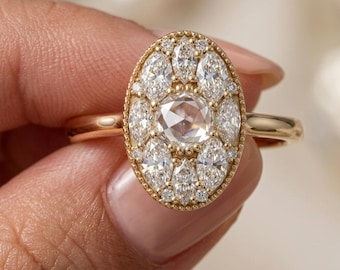 Marquise Cluster Verlobungsring: Vintage Milgrain Diamant im Rosenschliff 14k Gold Statement