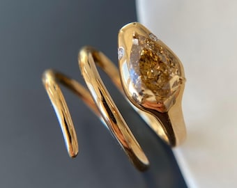 Oval Champagne Diamond Spiral Wrap Ring | Modern Gold Bypass Statement Jewelry
