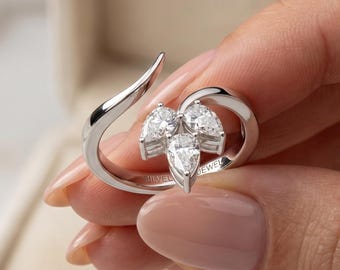 Floraler Diamant-Cluster-Ring im Birnenschliff | Weißgold-Bypass-Statement-Schmuck