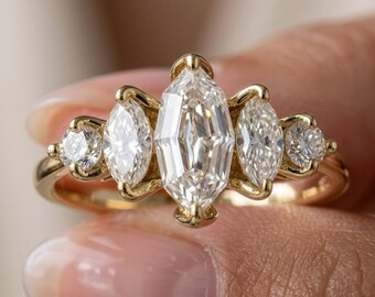 Fünf-Stein Marquise & Runder Diamantring: Moderne 14k Gold Verlobungsring