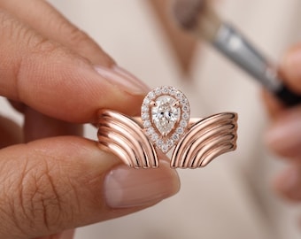Birne Halo Wave Verlobungsring | Rose Gold Diamant Statement Ring
