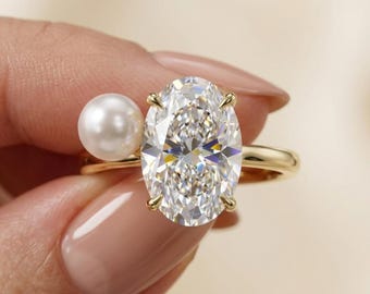 Asymmetrische Perle Oval Diamant Verlobungsring | Moderne Gold Duo Statement