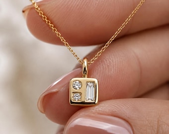 Geometric Diamond Pendant Necklace | Minimalist Gold Charm, Baguette Pendant