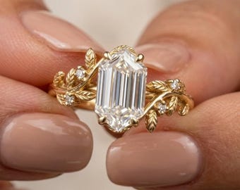 Hexagonal Emerald Cut Leaf Vine Engagement Ring | Nature-Inspired Sculptural | 14k Gold Botanical Diamond Ring | Elegant Fine Jewelry Gift |