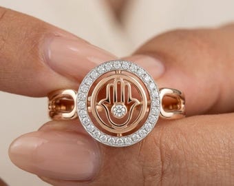 Hamsa Hand Diamant Halo Ring: Rotgold, Weißgold, Schutzsymbol Statement