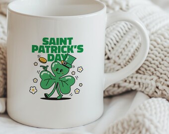 St Patricks Day Clover Ceramic Mug, Green Irish Clover Guy 11oz 15oz - Gift for Irish Celebration, Lucky Charm Coffee Cup, Shamrock Tea Mug,