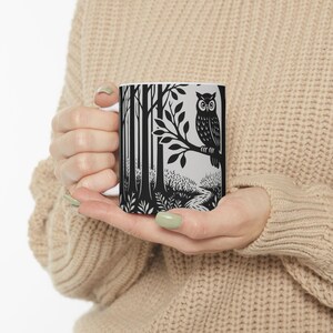 Owl Linoprint Forestcore Ceramic Coffee Mug Owl Gifts Animal Lover Gift Nature Lover Gift Coffee Lover Gift Cottagecore Gifts Camper Dad Mug image 5
