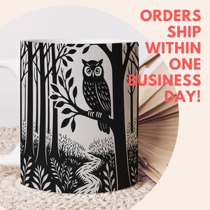 Owl Linoprint Forestcore Ceramic Coffee Mug Owl Gifts Animal Lover Gift Nature Lover Gift Coffee Lover Gift Cottagecore Gifts Camper Dad Mug image 3